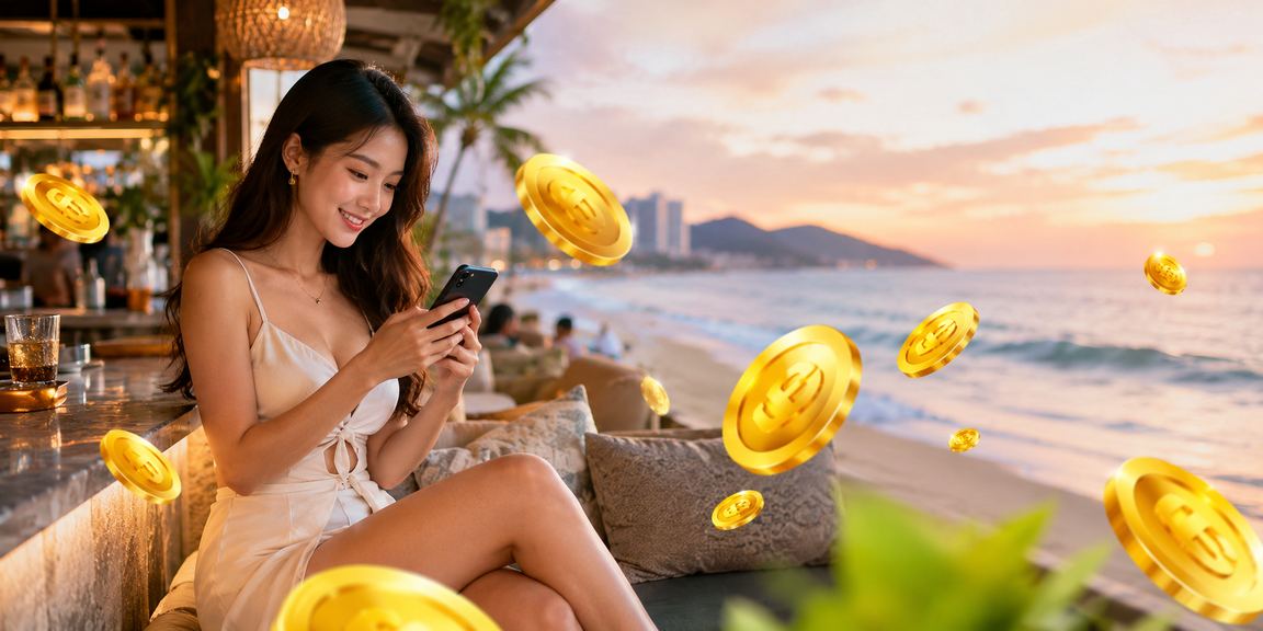 Người dùng Vũng Tàu trải nghiệm nền tảng giải trí c19 tại bãi biển với smartphone